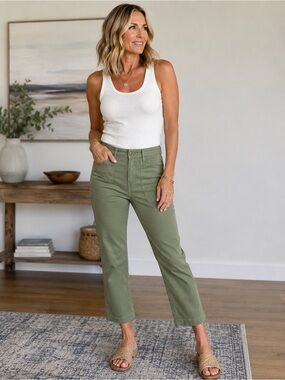 Kensie Allie Crop Pants Womens 6 Olive Green High Rise Slim Straight Stretch